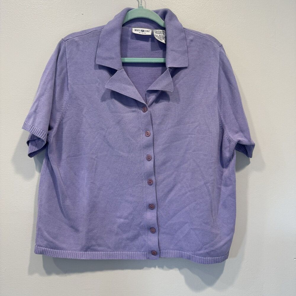 Vintage Button Up Knit Top Collared Short Sleeve Purple Preppy Women 18W/20W - Picture 2 of 7